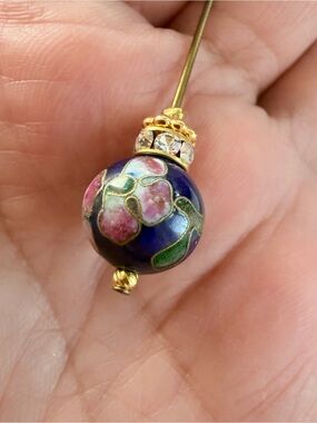 Cloisonné Floral Ball Stick Pin in Blue and Pink